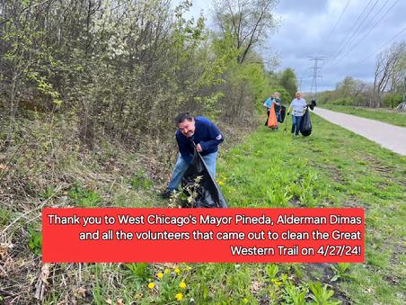 Thank you to West Chicago's Mayor Pineda, Alderman Dimas and all the volunteers that came out to clean the Great Western Trail on 4/27/24! And special thanks to West Chicago's City Administrator Michael Guttman for his help and support of the trails for many years.